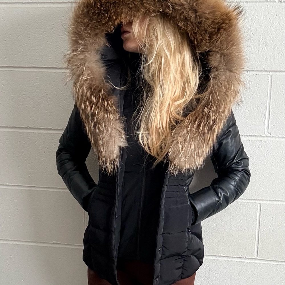 Danier Black Puffer Jacket with Fur Trim